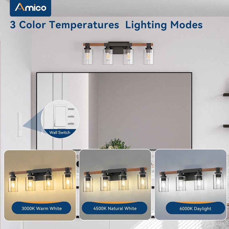 Amico Farmhouse Bathroom Vanity Light Fixtures,Rustic 4-Light Industrial Painted Wood Lights,Vintage Black Wall Sconces Bathroom Vanity Lighting with Bubble Glass Shade - Image 2